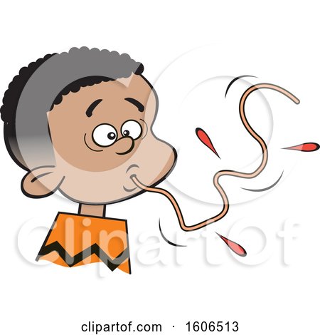 Clipart of a Cartoon Black Boy Sucking up a Messy Spaghetti Noodle, How Not to Eat Spaghetti - Royalty Free Vector Illustration by Johnny Sajem