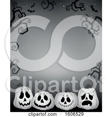 Clipart of a Graysacale Halloween Background with Jackolantern Pumpkins and Bats - Royalty Free Vector Illustration by visekart