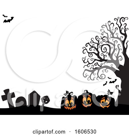 Clipart of a Halloween Background with Jackolantern Pumpkins and Bats in a Cemetery - Royalty Free Vector Illustration by visekart