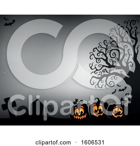 Clipart of a Halloween Background with Jackolantern Pumpkins in a Cemetery on Gray - Royalty Free Vector Illustration by visekart