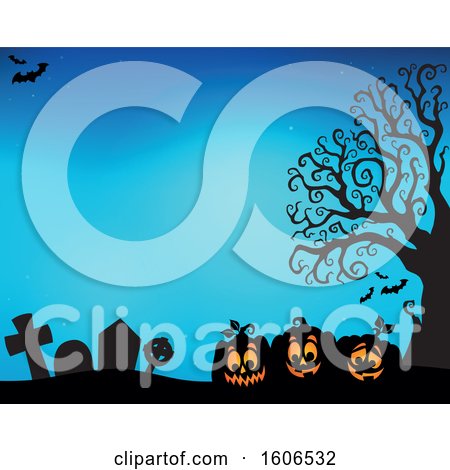 Clipart of a Halloween Background with Jackolantern Pumpkins in a Cemetery on Blue - Royalty Free Vector Illustration by visekart