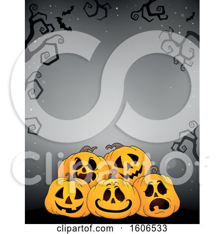 Clipart of a Halloween Background with Jackolantern Pumpkins on Gray - Royalty Free Vector Illustration by visekart