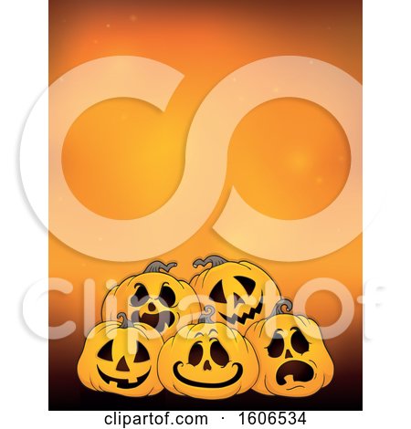 Clipart of a Halloween Background with Jackolantern Pumpkins over Orange - Royalty Free Vector Illustration by visekart