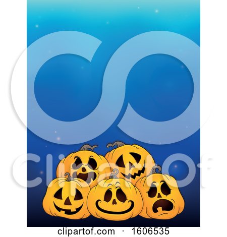 Clipart of a Group of Halloween Jackolantern Pumpkins on Blue - Royalty Free Vector Illustration by visekart