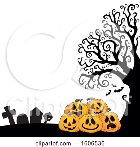 Clipart of a Halloween Background with Jackolantern Pumpkins in a Cemetery - Royalty Free Vector Illustration by visekart