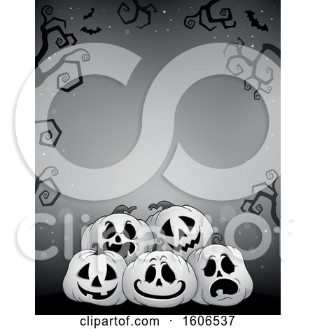 Clipart of a Graysacale Halloween Background with Jackolantern Pumpkins and Bats - Royalty Free Vector Illustration by visekart