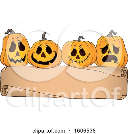 Clipart of a Blank Banner with Halloween Jackolantern Pumpkins - Royalty Free Vector Illustration by visekart
