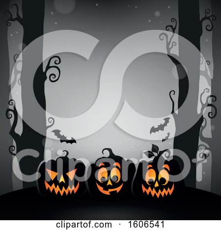 Clipart of a Halloween Forest and Jackolantern Pumpkin Background with Bats on Gray - Royalty Free Vector Illustration by visekart