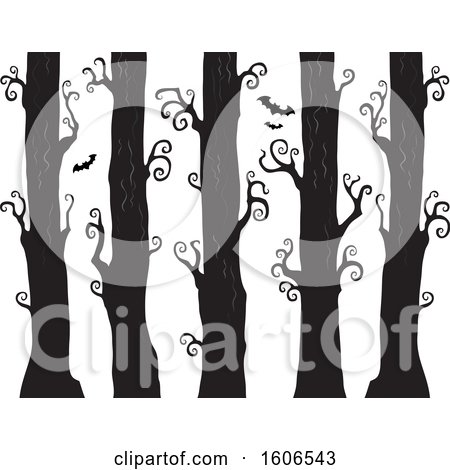 Clipart of a Spooky Halloween Forest Background with Bats and Silhouetted Trees - Royalty Free Vector Illustration by visekart