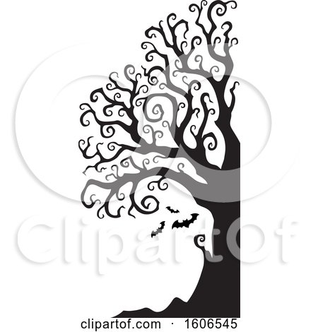 Clipart of a Silhouetted Bare Twisting Spooky Tree with Halloween Vampire Bats - Royalty Free Vector Illustration by visekart