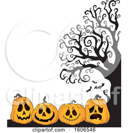 Clipart of a Group of Halloween Jackolantern Pumpkins by a Bare Tree - Royalty Free Vector Illustration by visekart