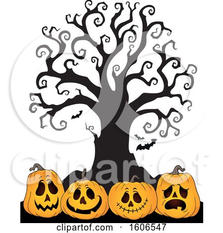 Clipart of a Group of Halloween Jackolantern Pumpkins Under a Bare Tree - Royalty Free Vector Illustration by visekart
