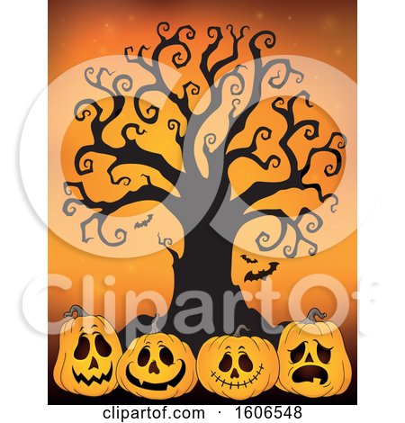 Clipart of a Group of Halloween Jackolantern Pumpkins Under a Bare Tree on Orange - Royalty Free Vector Illustration by visekart