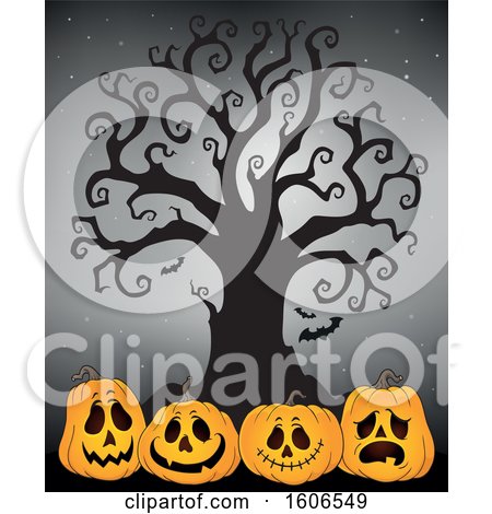 Clipart of a Group of Halloween Jackolantern Pumpkins Under a Bare Tree on Gray - Royalty Free Vector Illustration by visekart