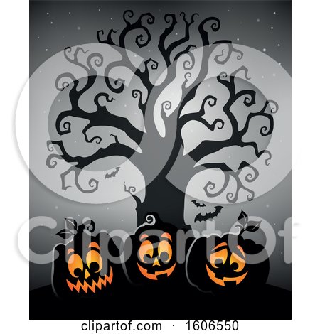 Clipart of a Group of Silhouetted Halloween Jackolantern Pumpkins Under a Bare Tree on Gray - Royalty Free Vector Illustration by visekart