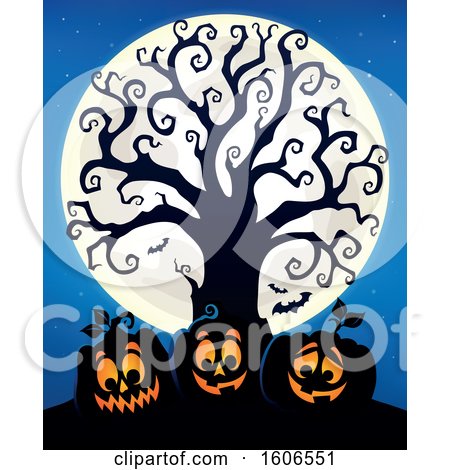Clipart of a Group of Silhouetted Halloween Jackolantern Pumpkins Under a Bare Tree with a Full Moon - Royalty Free Vector Illustration by visekart