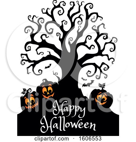 Clipart of a Group of Silhouetted Jackolantern Pumpkins and Happy Halloween Text Under a Bare Tree - Royalty Free Vector Illustration by visekart