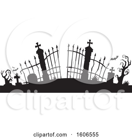 Clipart of a Black Silhouetted Cemetery Entrance with Gates - Royalty Free Vector Illustration by visekart
