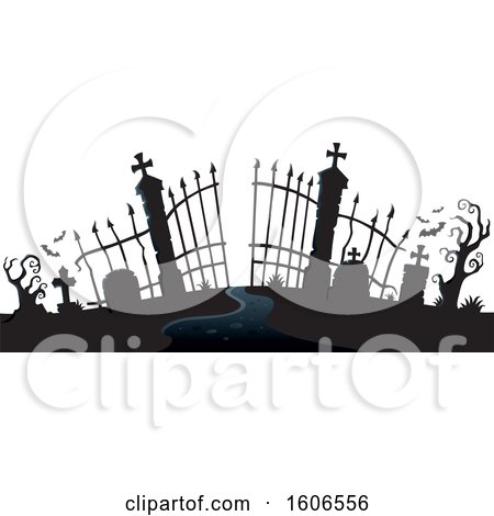 Clipart of a Silhouetted Cemetery Entrance with Gates - Royalty Free Vector Illustration by visekart
