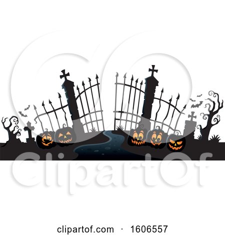 Clipart of a Silhouetted Cemetery Entrance with Halloween Pumpkins and Gates - Royalty Free Vector Illustration by visekart