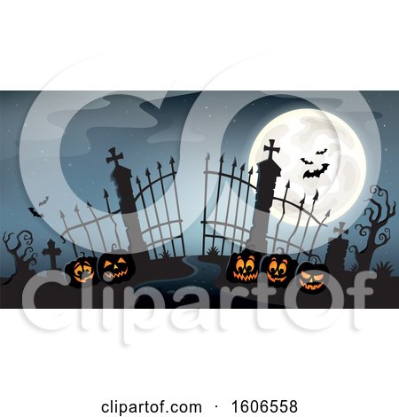 Clipart of a Silhouetted Cemetery Entrance with Halloween Jackolantern Pumpkins and Gates - Royalty Free Vector Illustration by visekart