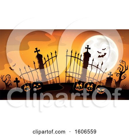 Clipart of a Silhouetted Cemetery Entrance with a Full Moon Halloween Pumpkins and Gates - Royalty Free Vector Illustration by visekart