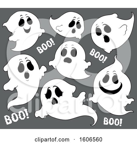 Clipart of a Group of Halloween Ghosts on Gray - Royalty Free Vector Illustration by visekart