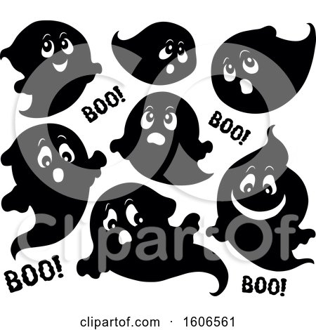 Clipart of a Group of Black and White Halloween Ghosts - Royalty Free Vector Illustration by visekart