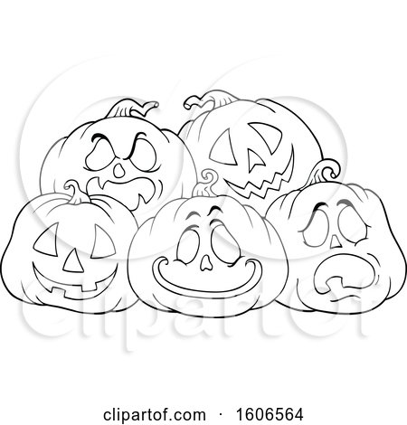 Clipart of a Lineart Group of Carved Halloween Jackolantern Pumpkins - Royalty Free Vector Illustration by visekart
