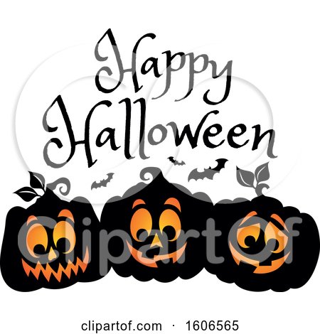 Clipart of a Happy Halloween Greeting over Black Illuminated Jackolantern Pumpkins and Bats - Royalty Free Vector Illustration by visekart