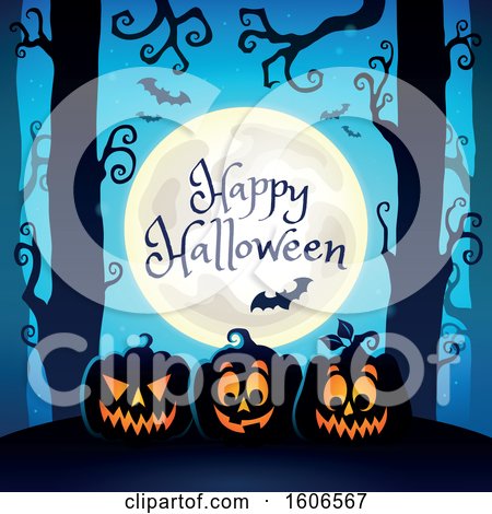 Clipart of a Happy Halloween Forest and Jackolantern Pumpkin Background with a Full Moon and Bats - Royalty Free Vector Illustration by visekart