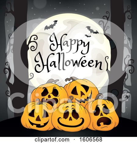 Clipart of a Happy Halloween Forest and Jackolantern Pumpkin Background with a Full Moon and Bats - Royalty Free Vector Illustration by visekart