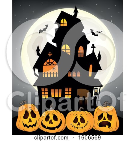 Clipart of a Full Moon with Bats Behind a Haunted House and Halloween Jackolantern Pumpkins - Royalty Free Vector Illustration by visekart