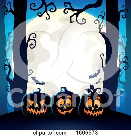 Clipart of a Halloween Forest and Jackolantern Pumpkin Background with a Full Moon and Bats - Royalty Free Vector Illustration by visekart