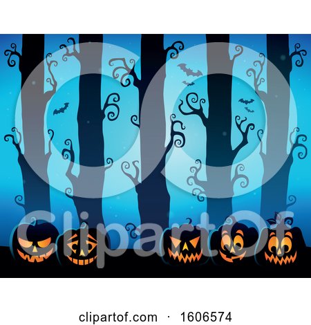 Clipart of a Spooky Blue Halloween Forest with Bats and Jackolantern Pumpkins - Royalty Free Vector Illustration by visekart