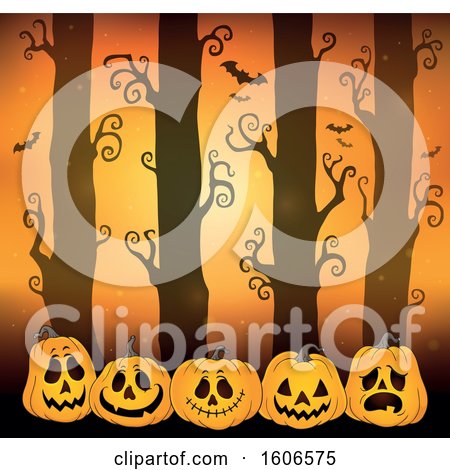 Clipart of a Spooky Orange Halloween Forest with Bats and Jackolantern Pumpkins - Royalty Free Vector Illustration by visekart