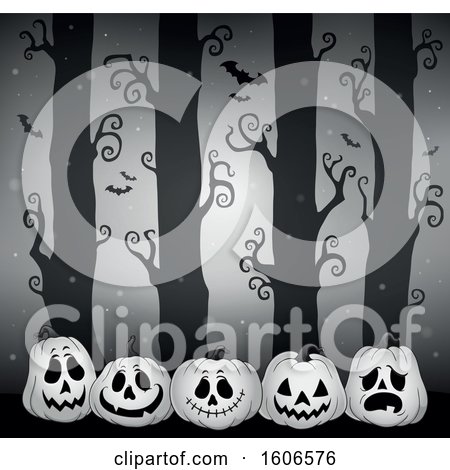 Clipart of a Spooky Grayscale Halloween Forest with Bats and Jackolantern Pumpkins - Royalty Free Vector Illustration by visekart