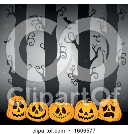 Clipart of a Spooky Halloween Forest with Bats and Orange Jackolantern Pumpkins - Royalty Free Vector Illustration by visekart