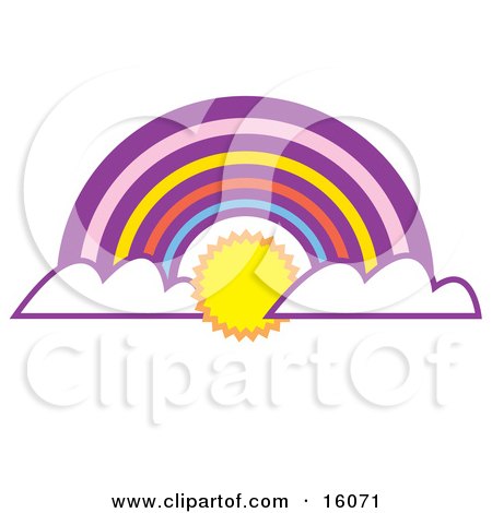 The Sun Shining Between Clouds At The End Of A Colorful Rainbow Clipart Illustration by Andy Nortnik