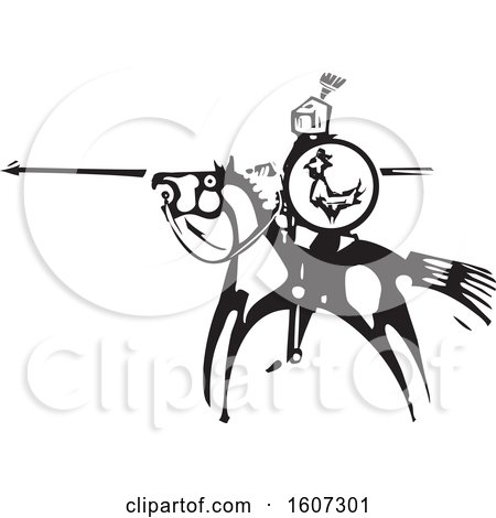 Clipart of a Horseback Knight Saint George with a Shield and Spear, Black and White Woodcut - Royalty Free Vector Illustration by xunantunich