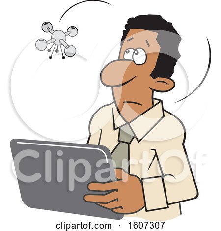 Clipart of a Cartoon Drone Hovering over a Black Man Using a Tablet - Royalty Free Vector Illustration by Johnny Sajem