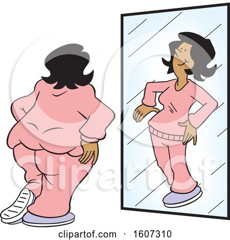 Clipart of a Chubby Black Woman Seeing Herself As Thin in the Mirror - Royalty Free Vector Illustration by Johnny Sajem