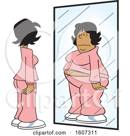 Clipart of a Cartoon Thin White Woman Seeing Herself As Chubby in the Mirror - Royalty Free Vector Illustration by Johnny Sajem