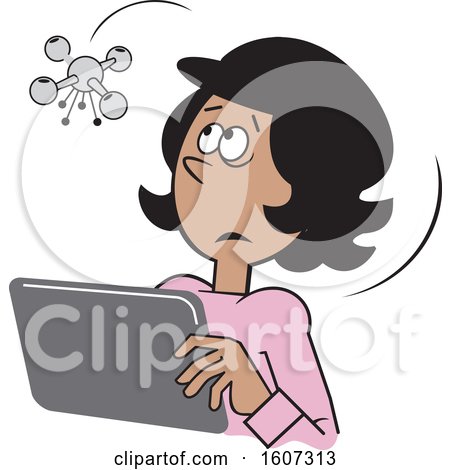 Clipart of a Cartoon Drone Hovering over a Black Woman Using a Tablet - Royalty Free Vector Illustration by Johnny Sajem