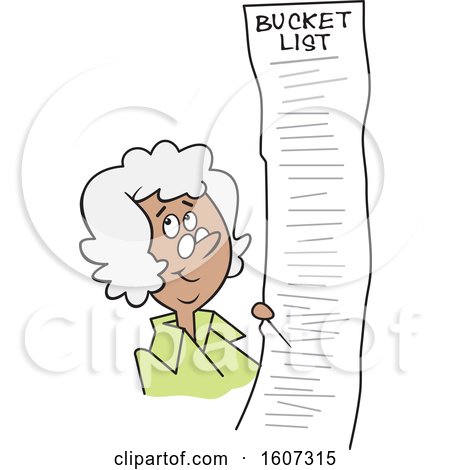 Clipart of a Cartoon Black Senior Lady with a Long Bucket List - Royalty Free Vector Illustration by Johnny Sajem