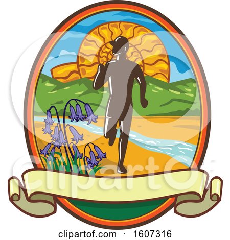 Clipart of a Silhouetted Male Country Marathon Runner in an Oval with an Ammonite Bluebells and a Stream - Royalty Free Vector Illustration by patrimonio