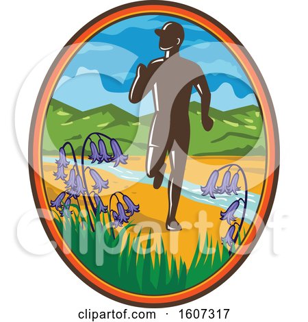Clipart of a Silhouetted Male Country Marathon Runner in an Oval with Bluebells and a Stream - Royalty Free Vector Illustration by patrimonio