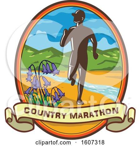 Clipart of a Silhouetted Male Country Marathon Runner in an Oval with Bluebells a Banner and a Stream - Royalty Free Vector Illustration by patrimonio