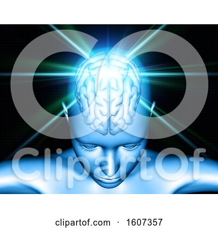 Clipart of a 3D Medical Background with Female Figure with Brain Highlighted - Royalty Free Illustration by KJ Pargeter