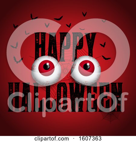 Clipart of a Happy Halloween Greeting with Eyes and Bats on Red - Royalty Free Vector Illustration by KJ Pargeter